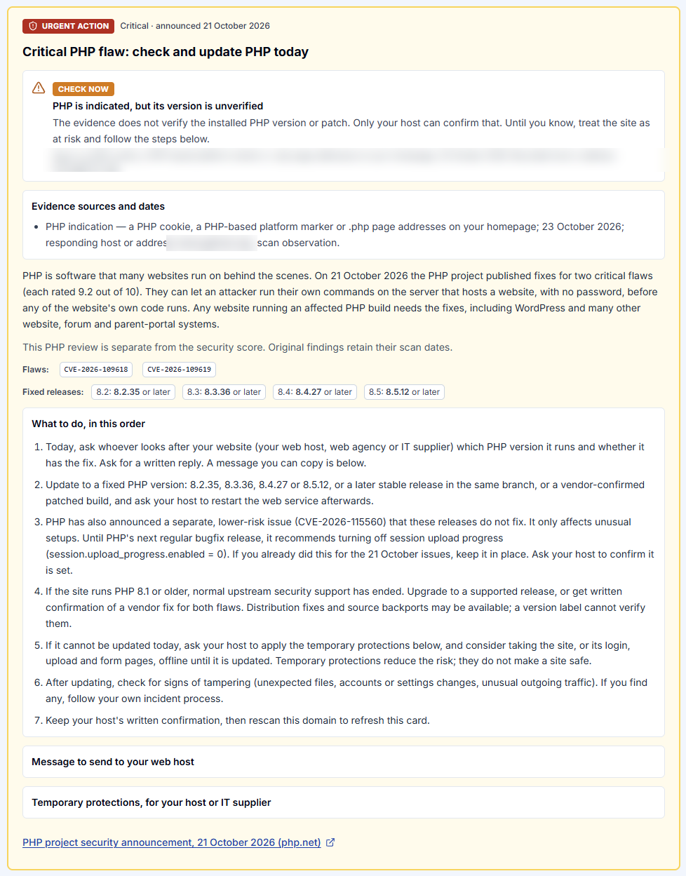 Exemple de rapport d'analyse gratuit MyDomainRisk montrant la fiche Action urgente pour les failles critiques de PHP CVE-2026-109618 et CVE-2026-109619, avec les étapes pour vérifier et mettre à jour PHP. Domaine masqué.