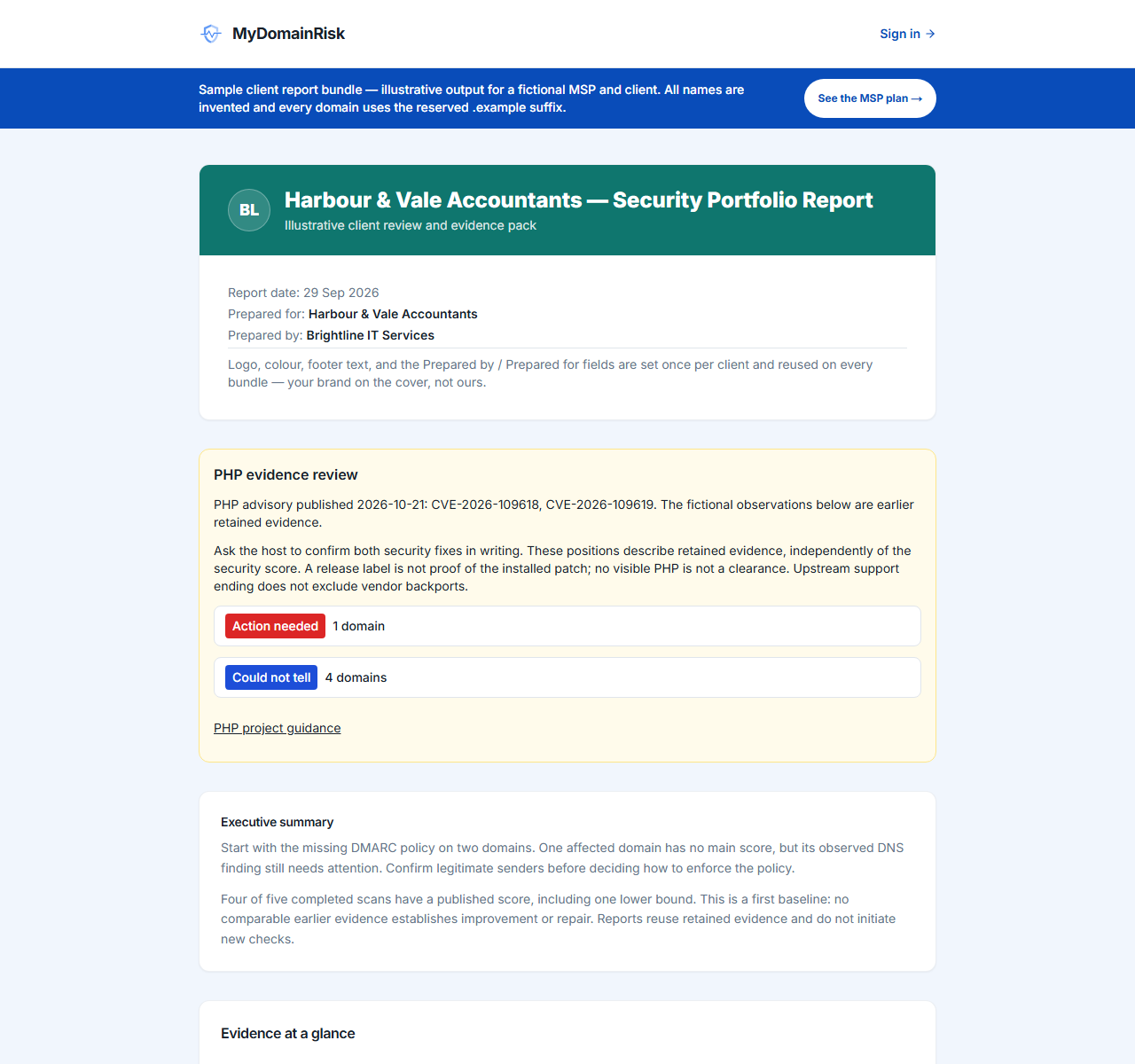 Rapport client fictif Harbour & Vale : couverture des scores publiés, moyenne en borne basse et revue distincte des éléments PHP, datés selon leur source.